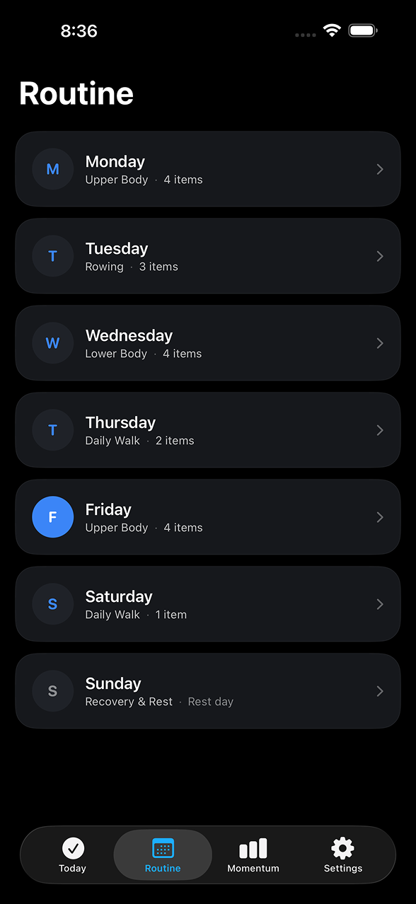 Momentum routine screen showing organized daily habits